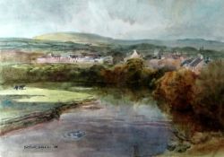 ARTHUR MILES watercolour - view of river bending with village in background, signed and dated ‘83,
