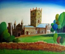 RALPH SPILLER oil on board - view across field to St David’s Cathedral, initialled and dated ‘96, 25