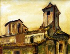 JOAN OXLAND oil on board - tile roofed church entitled verso ‘Spanish Splendour’, signed and dated