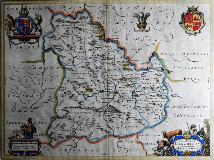 JOHANNES BLAEU antique coloured map - Brecknock entitled ‘Comitatus Brechiniae’, 42 x 55cms;