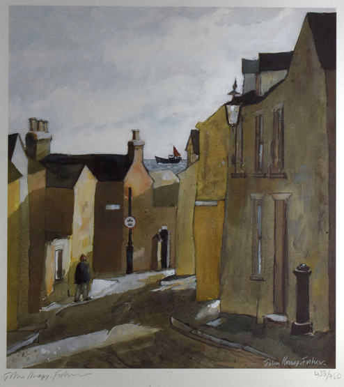 JOHN KNAPP FISHER limited edition (433/750) print - a Tenby street scene with view to distant sail