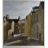 JOHN KNAPP FISHER limited edition (433/750) print - a Tenby street scene with view to distant sail