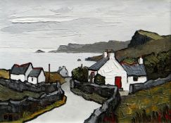 DAVID BARNES oil on board - whitewashed cottages on lane leading to a bay with peninsula in