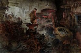 ARTHUR MILES watercolour - blacksmith working at forge, entitled verso ‘Smithy at Dyserth’, signed