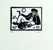 SIR KYFFIN WILLIAMS RA limited edition (43/85) linocut print - reclining farmer and sheepdog, signed