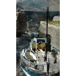 JOHN KNAPP FISHER watercolour - fishing boat M218 tethered at Porthgain harbour, signed and dated