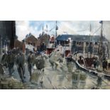 STANLEY COOKE watercolour - busy harbour scene with workers, fishing vessels and catch, probably