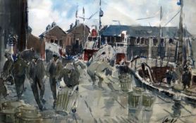 STANLEY COOKE watercolour - busy harbour scene with workers, fishing vessels and catch, probably