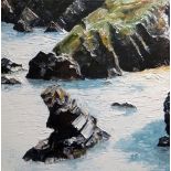 GWYN ROBERTS oil on canvas - rocky coastline and bay, entitled Carreg Bica, Llangrannog, signed with