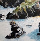 GWYN ROBERTS oil on canvas - rocky coastline and bay, entitled Carreg Bica, Llangrannog, signed with