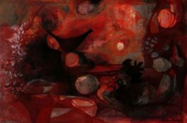 JOHN ELWYN mixed media - red landscape with pheasant in background, signed, 20 x 31cms