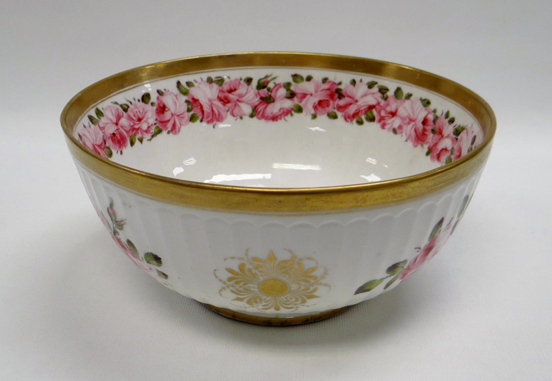 A SWANSEA PORCELAIN BOWL with Paris fluted moulding and decorated with pink roses and gilt motifs