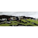 OWEN MEILIR oil on board - Snowdonia village with chapel and terrace of houses, signed, 22 x 55cms