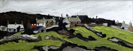 OWEN MEILIR oil on board - Snowdonia village with chapel and terrace of houses, signed, 22 x 55cms