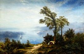 RICHARD SEBASTIAN BOND oil on canvas - a historical scene of the Menai Straits and the Suspension