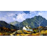 CHARLES WYATT WARREN oil on board - whitewashed cottage in Snowdonia, signed, 18 x 34cms