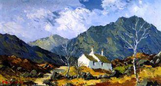 CHARLES WYATT WARREN oil on board - whitewashed cottage in Snowdonia, signed, 18 x 34cms