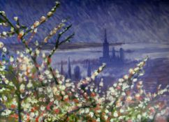 RALPH SPILLER oil on board - view of cathedral through blossom tress, entitled verso ‘Cherry