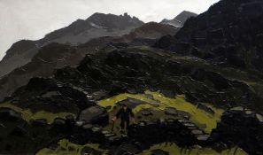 SIR KYFFIN WILLIAMS RA oil on canvas - Snowdonia landscape near Llanberis with figure with crook