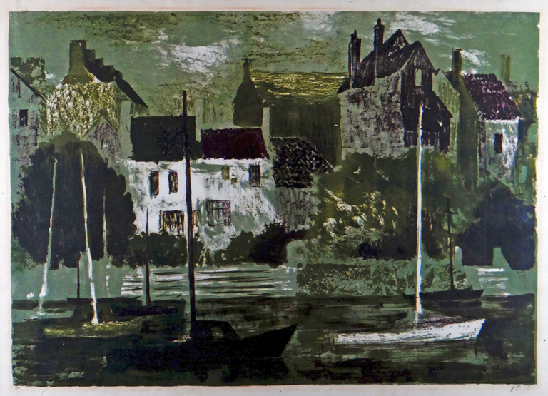 JOHN PIPER limited edition (7/20) lithograph - harbour scene with boats and buildings in the
