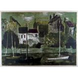 JOHN PIPER limited edition (7/20) lithograph - harbour scene with boats and buildings in the