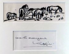 SIR KYFFIN WILLIAMS RA linocut image and signed message - both separate but framed as one, 8.5 x