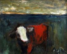 WILL ROBERTS oil on canvas - heifer in field, signed with initials, 25 x 29cms