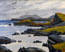DAVID BARNES oil on board - expansive rocky coast with inlets, signed verso, 60 x 75cms