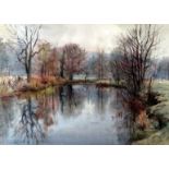 ARTHUR MILES watercolour - river scene with trees, signed, 27 x 37cms