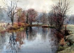 ARTHUR MILES watercolour - river scene with trees, signed, 27 x 37cms