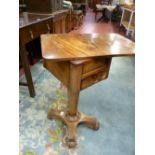 A VICTORIAN WALNUT SEWING TABLE with foldover swivel top, twin opening side drawers on a segmented