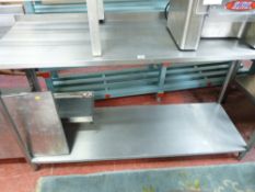 *A TWO TIER STAINLESS STEEL PREPARATION TABLE, 150 x 50 cms