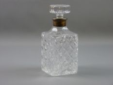 A SQUARE SECTION GLASS DECANTER and stopper with sterling 925 silver collar, 22.5 cms high