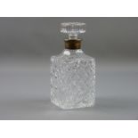 A SQUARE SECTION GLASS DECANTER and stopper with sterling 925 silver collar, 22.5 cms high