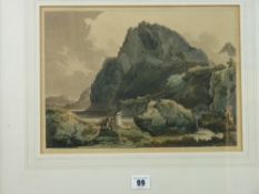 AN EARLY 19th CENTURY AQUATINT - 'Tryfan' with figures and a donkey, 25 x 34 cms