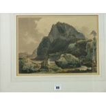 AN EARLY 19th CENTURY AQUATINT - 'Tryfan' with figures and a donkey, 25 x 34 cms