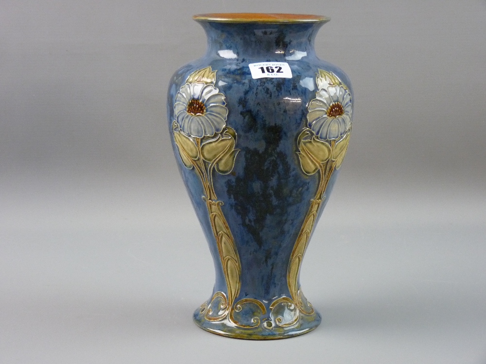 A ROYAL DOULTON STONEWARE VASE of waisted form with Art Nouveau style floral relief decoration on