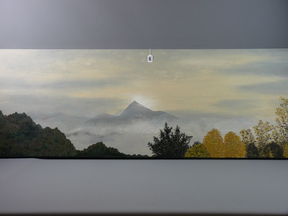 EGLANTINE MOREAU oil on canvas - 'Misty Landscape, Pic de Cos', signed, 50 x 150 cms