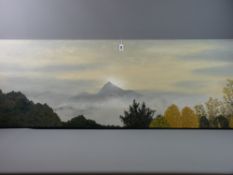 EGLANTINE MOREAU oil on canvas - 'Misty Landscape, Pic de Cos', signed, 50 x 150 cms