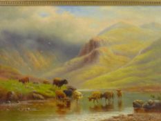 19th CENTURY SCHOOL oil on canvas - Highland cattle watering at the edge of a Loch before an