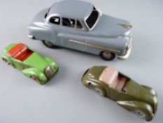 THREE VINTAGE TINPLATE CARS including a Japan made friction drive Oldsmobile in grey livery, 22.5