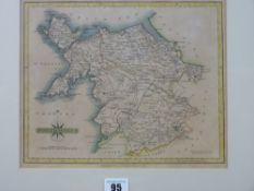 JOHN CARY engraved and coloured map of North Wales, London published 1793, 22 x 27 cms