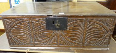 AN 18th CENTURY OAK BIBLE BOX, the two plank top with decorative edging, iron strap hinges (one