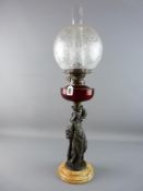 A CIRCA 1900 FIGURAL OIL LAMP having a circular stepped marble base with metal classically dressed