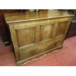A GEORGE II OAK DOWER CHEST, the two plank polished top with inverted moulded edges, triple panel