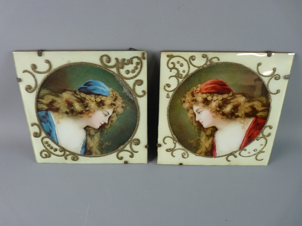 A PAIR OF VICTORIAN GLASS LAID GYPSY GIRL PRINTS, square glass with the reverse laid prints at an