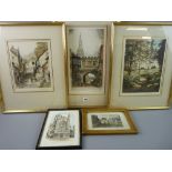 THREE CHROMOLITHOGRPAHS - 1. 'High Street Gate, Salisbury' after T G HARLAND, signed, 36 x 20 cms,