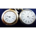 TWO AMERICAN POCKET WATCHES to include an Addison Trademark yellow metal cased with white enamel