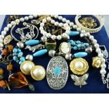 A PARCEL OF MIXED DRESS JEWELLERY including earrings, pearl triple strand bracelet, sundry marcasite