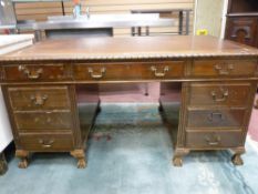EARLY 20th CENTURY TWIN PEDESTAL MAHOGANY DESK, the top with gadrooned border and the four drawer